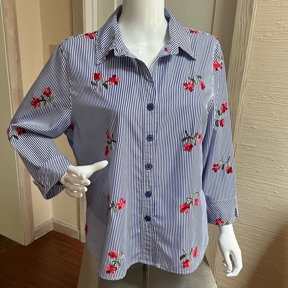 Navy and White Pinstriped Embroidered Top  PL